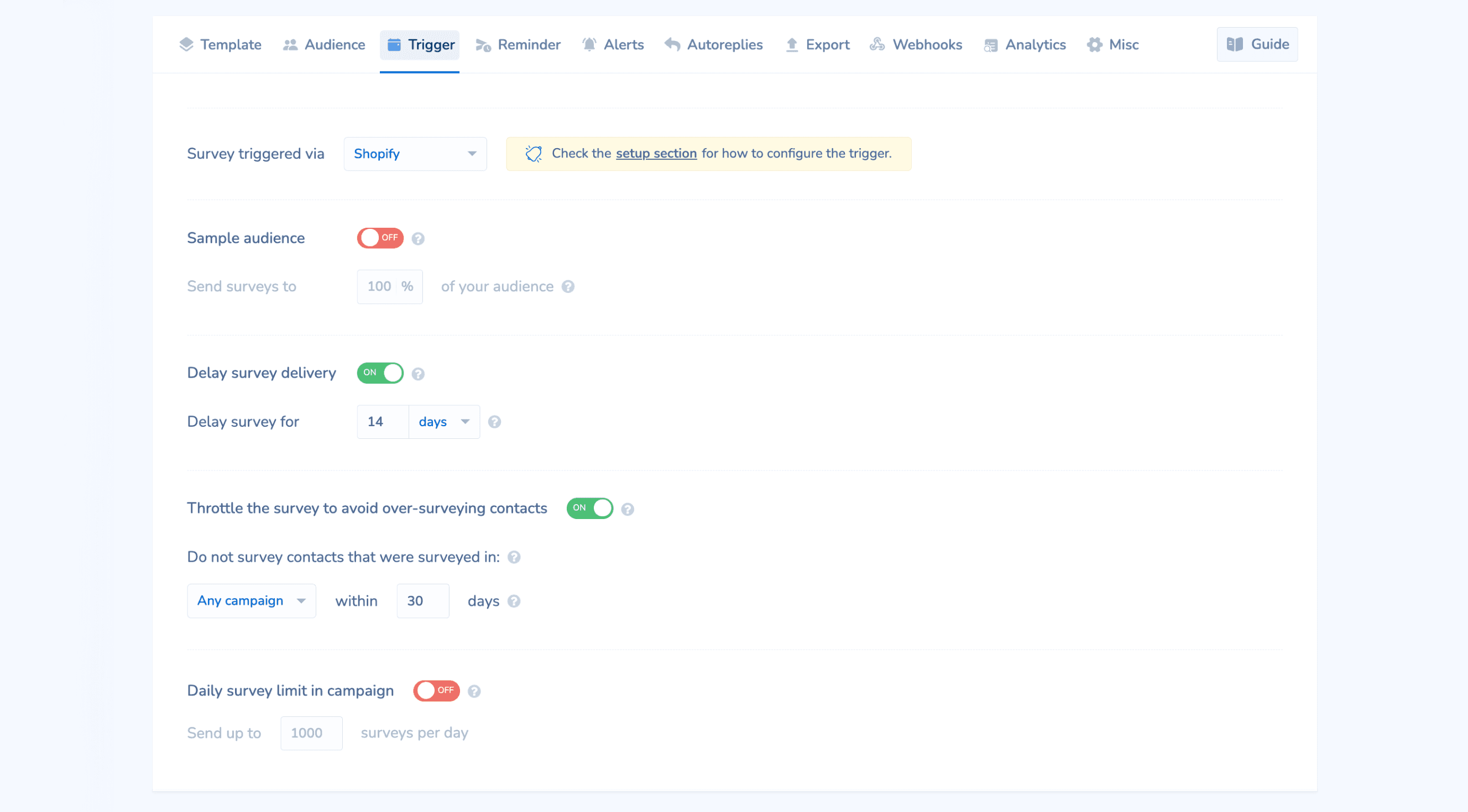 Retently survey management controls showing advanced scheduling and throttling options