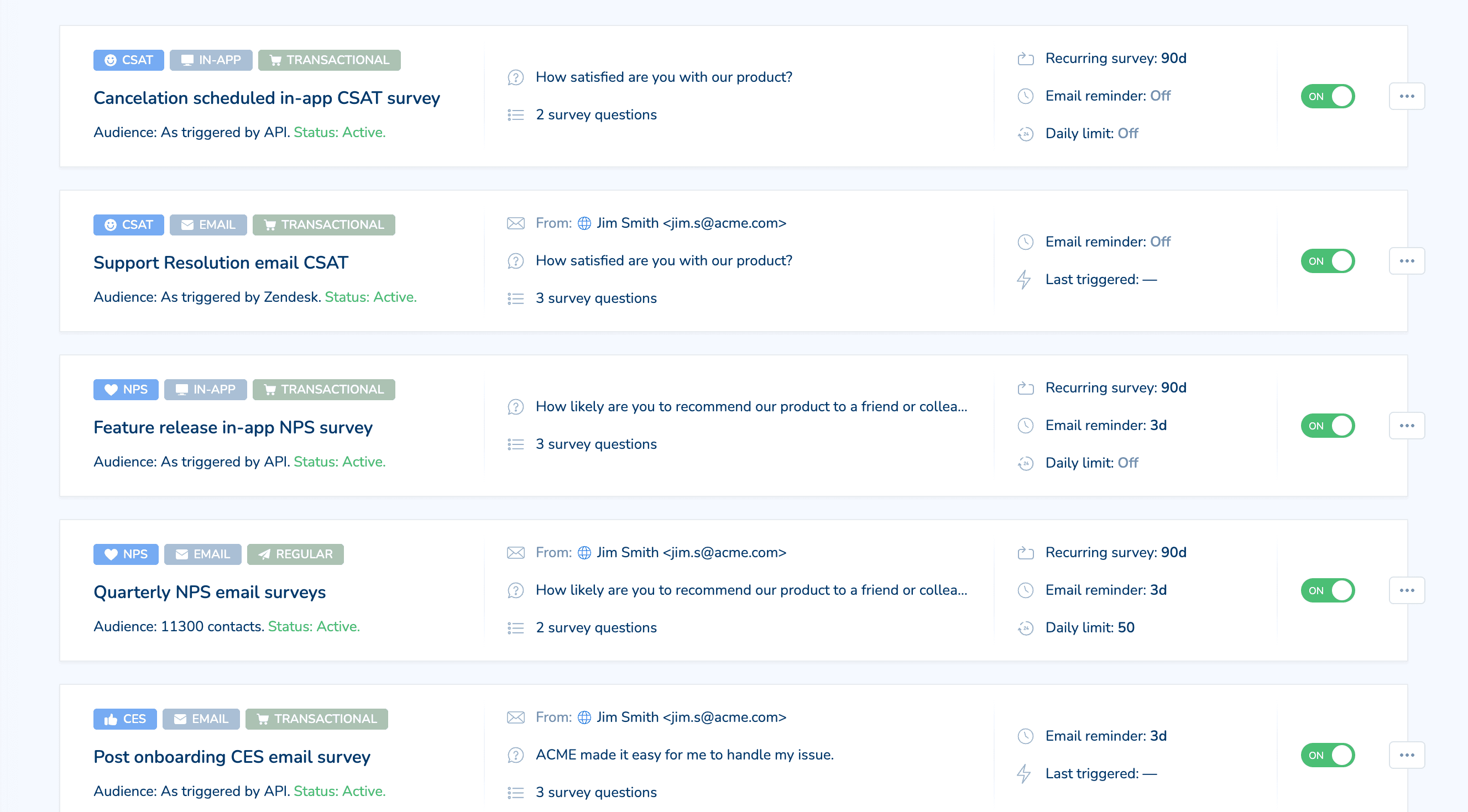 Retently multi-journey surveys dashboard showing stage-based surveys