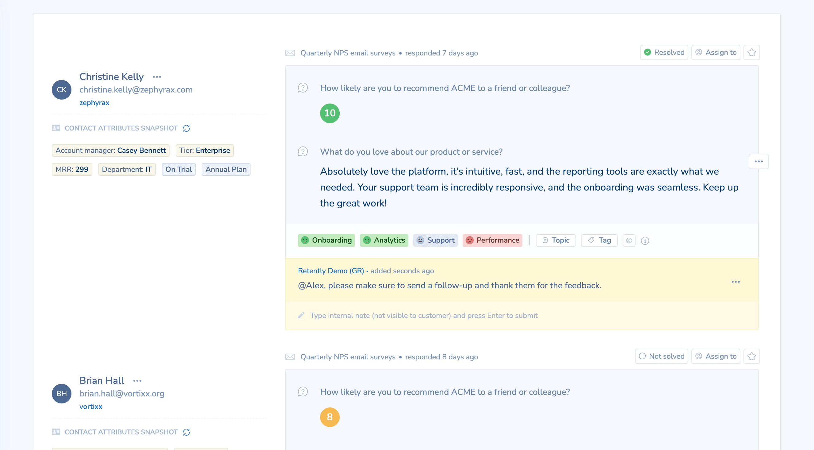 Retently closing the feedback loop dashboard showing auto and manual replies