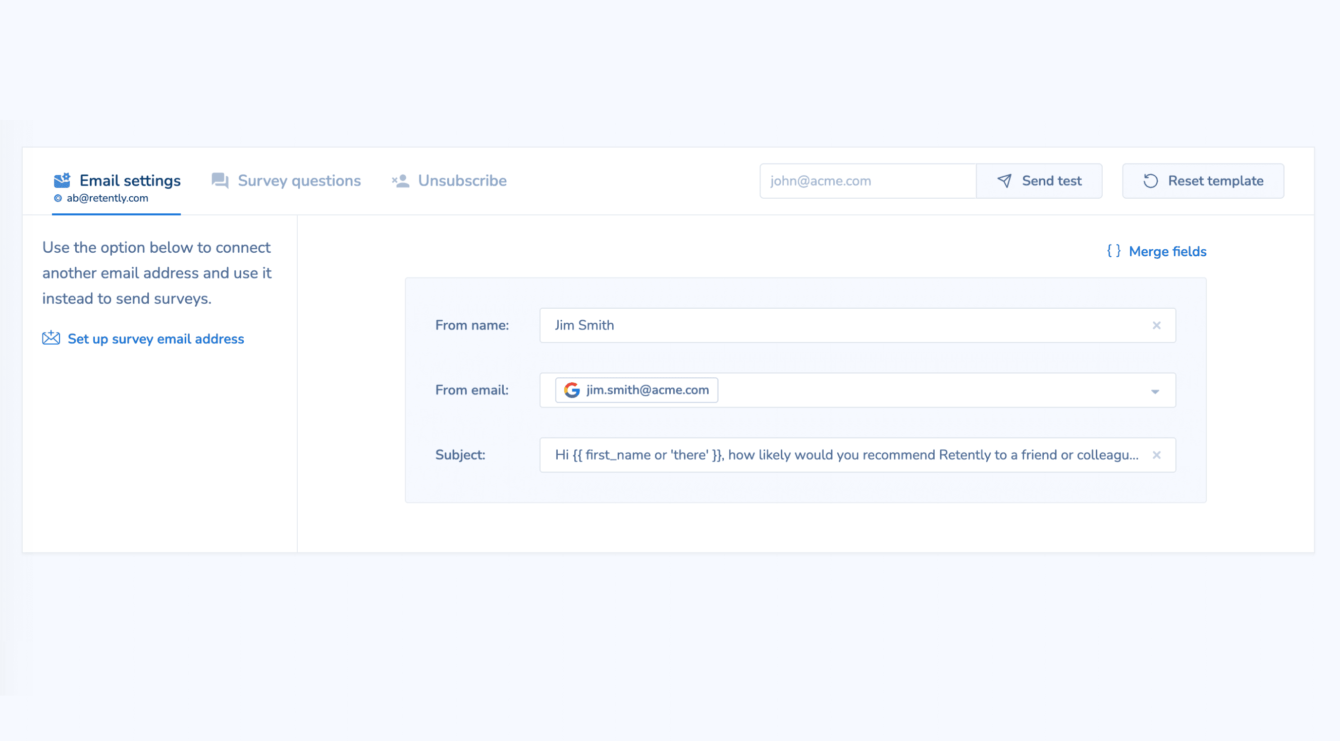 Retently data accuracy and deliverability dashboard showing custom from domain