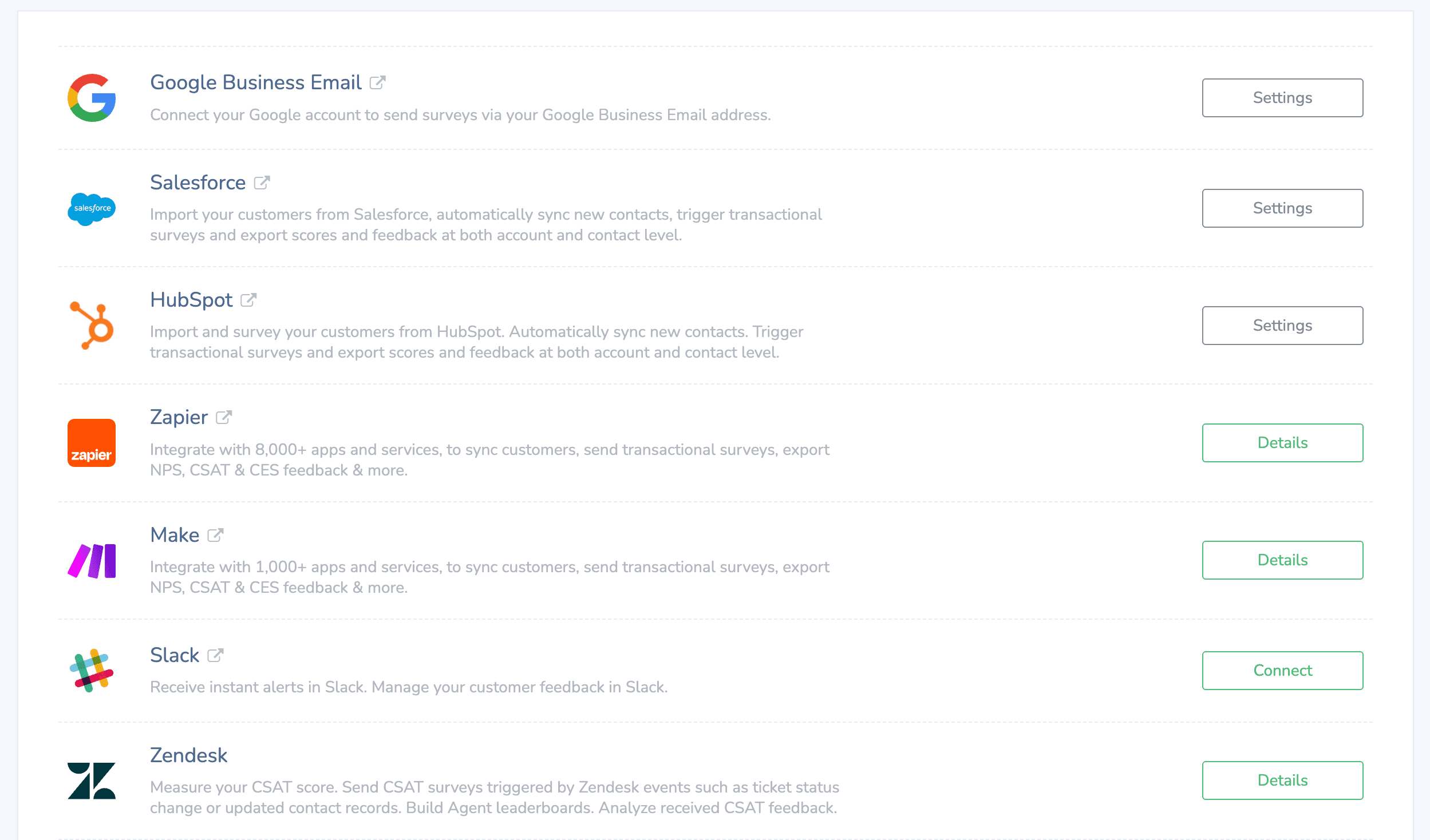 Retently integrations: Salesforce, HubSpot, Zapier, Make, Slack, Zendesk, and more