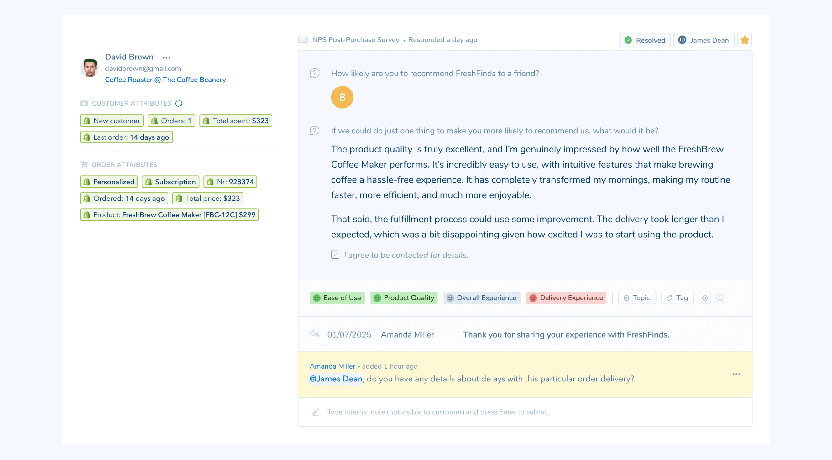 Retently survey feedback with enriched customer context