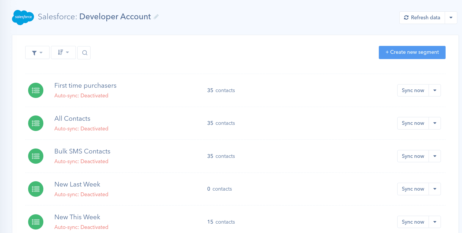 Salesforce contact segments synced into Retently