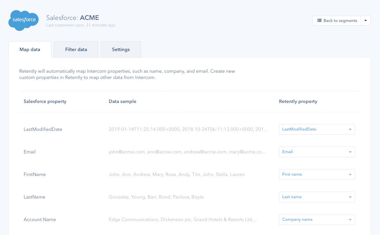 Mapping Salesforce properties to Retently fields