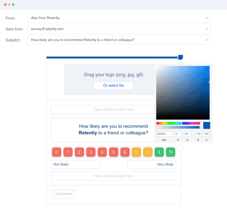 Customizing a branded Retently email survey with logo and colors