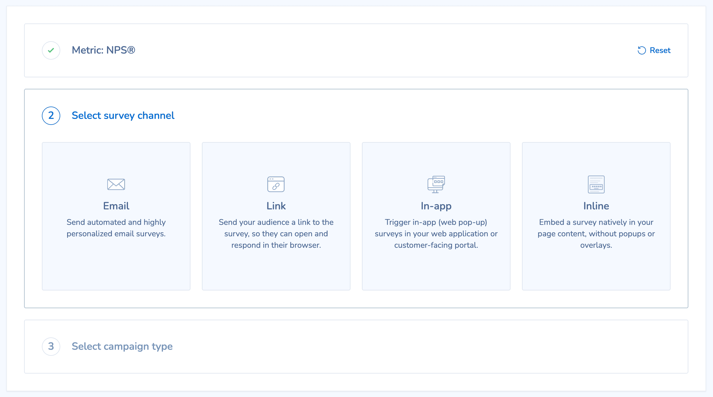 Choosing a survey channel in Retently: email, link, in-app, or inline