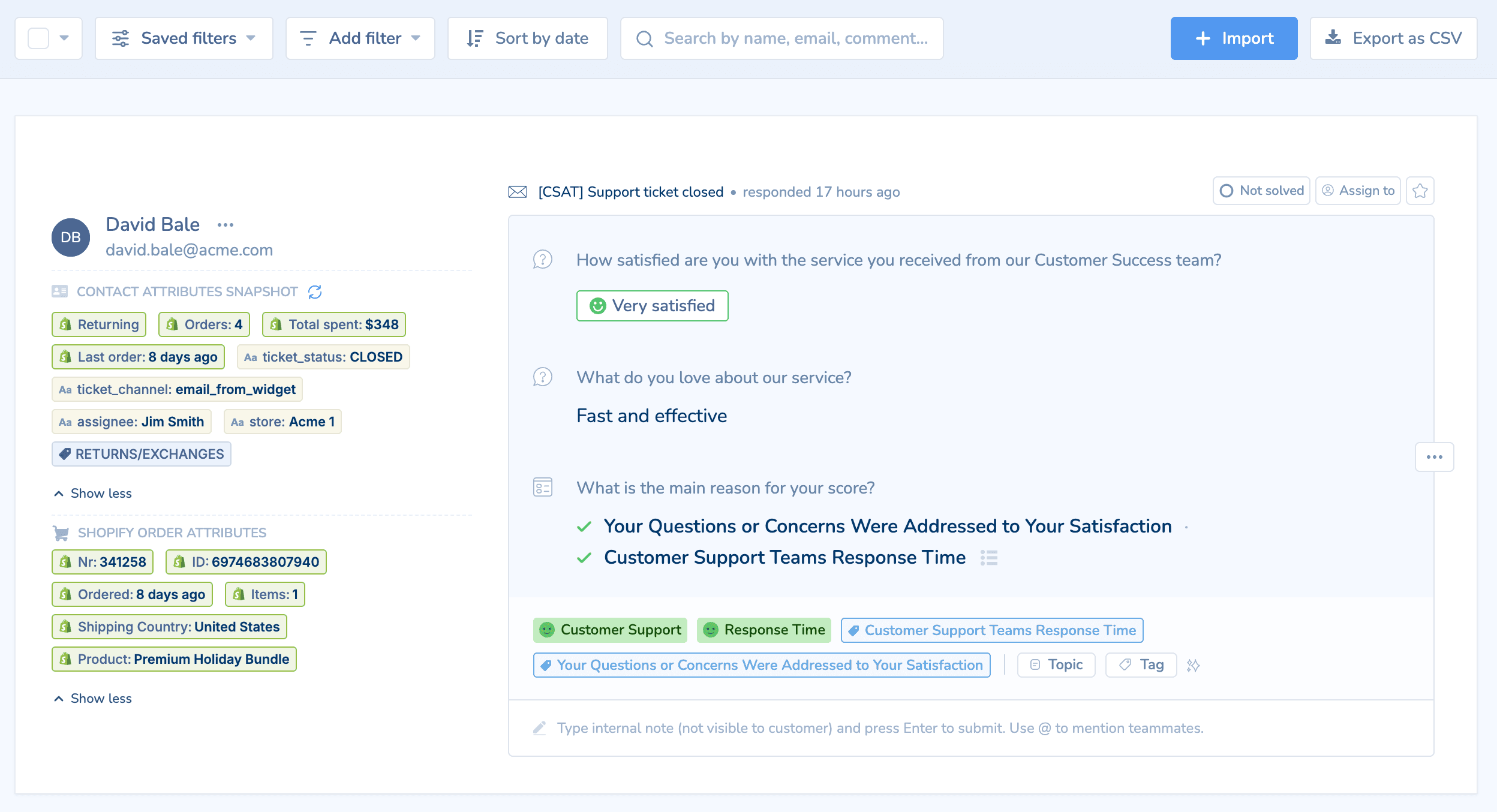 Retently CSAT response enriched with Shopify order data and Zendesk ticket properties