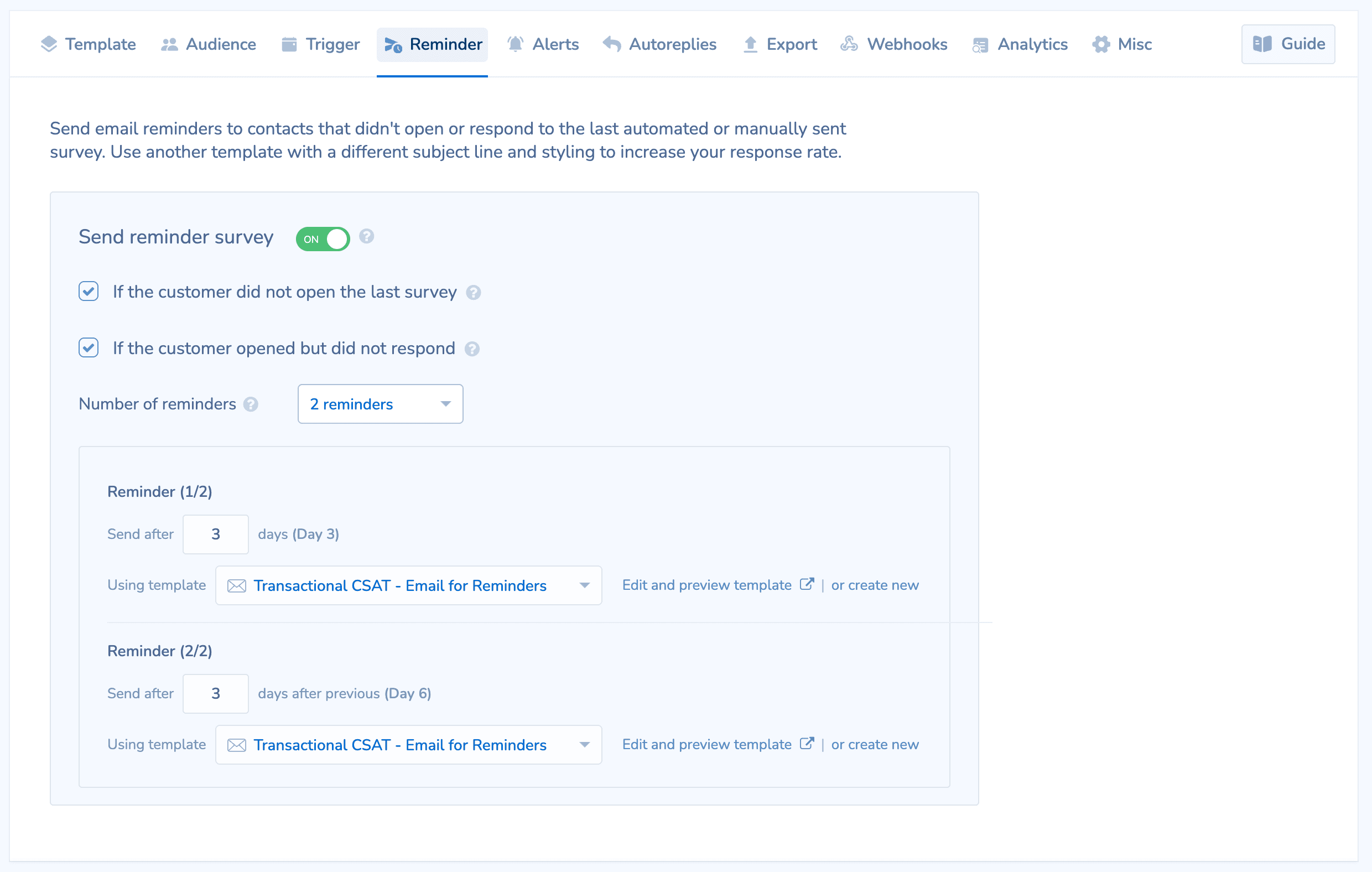 Retently survey settings with reminders, alerts, and throttling configured