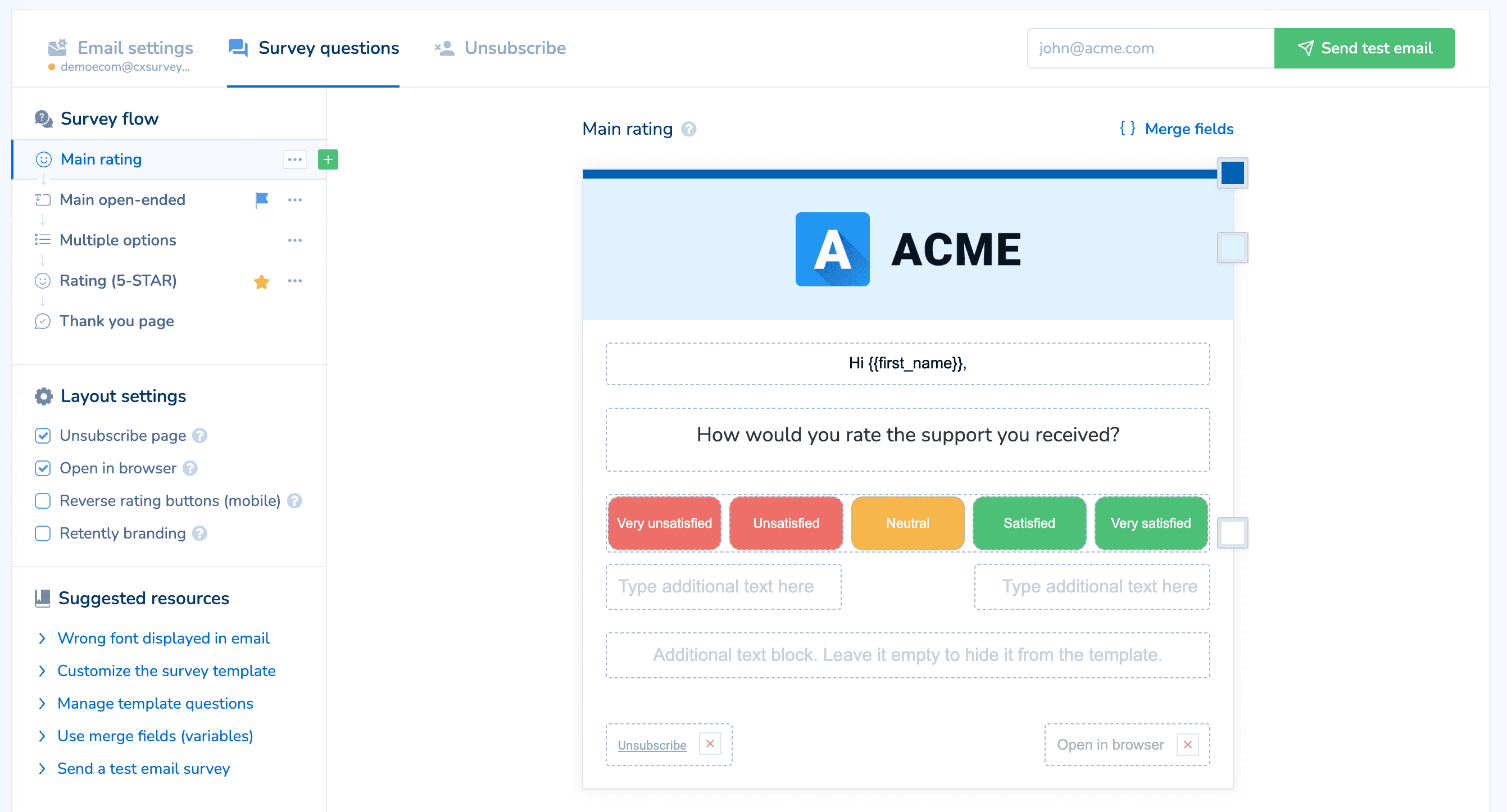 Retently brandable CSAT survey template editor with multi-step survey flow