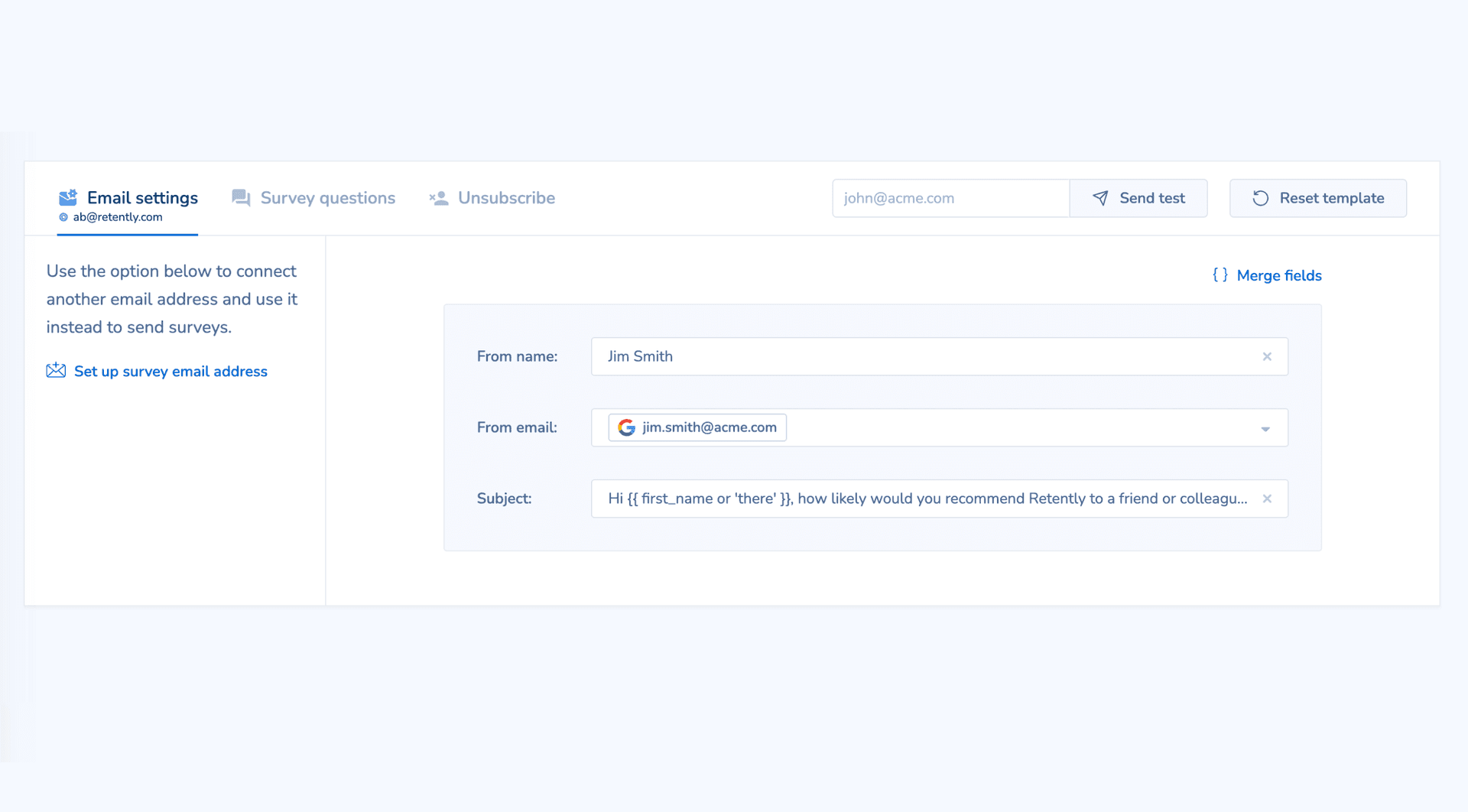 Retently survey settings dashboard
