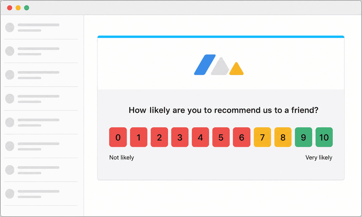 NPS email survey with 0 to 10 score buttons shown in an email client