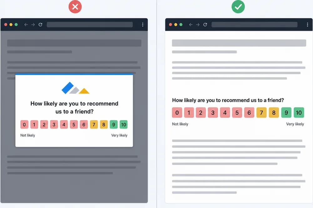 A pop-up survey over a dimmed page next to the same survey embedded inline in the page content