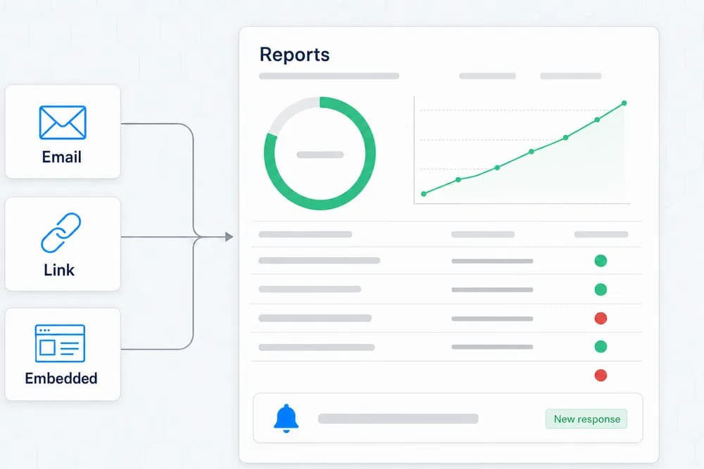 Email, link and embedded responses flowing into one report with topics, sentiment and a new response alert