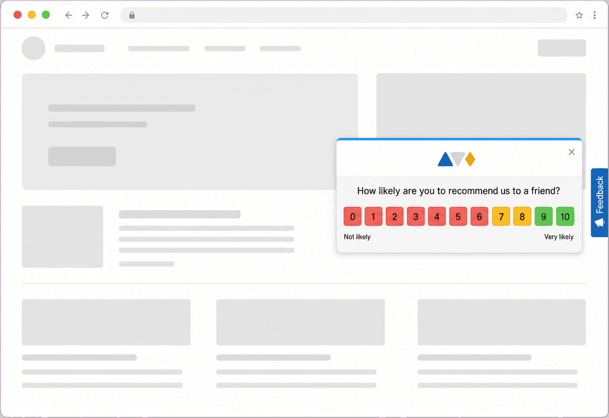Feedback button tab on a website with the survey panel opened