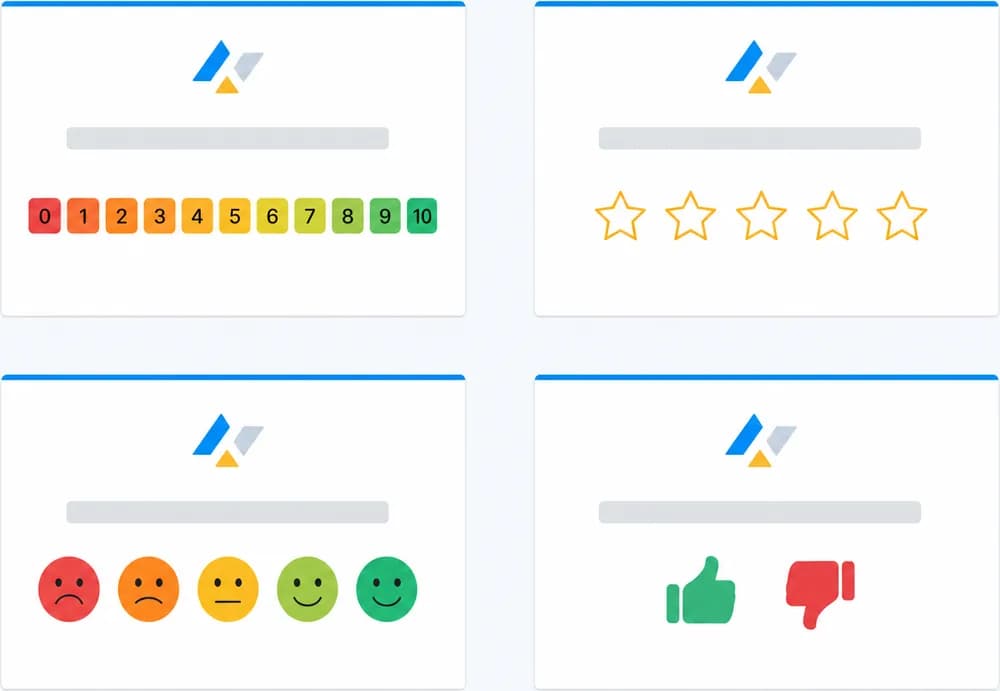 Four feedback panels with the same branding showing NPS, star, emoji and thumbs ratings