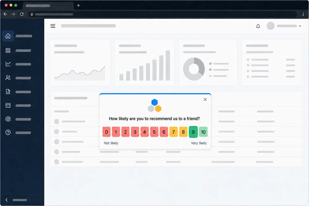 Pop-up survey shown as a centered modal over a web application dashboard