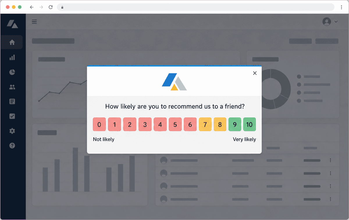 In-app NPS survey pop-up shown over a web application dashboard