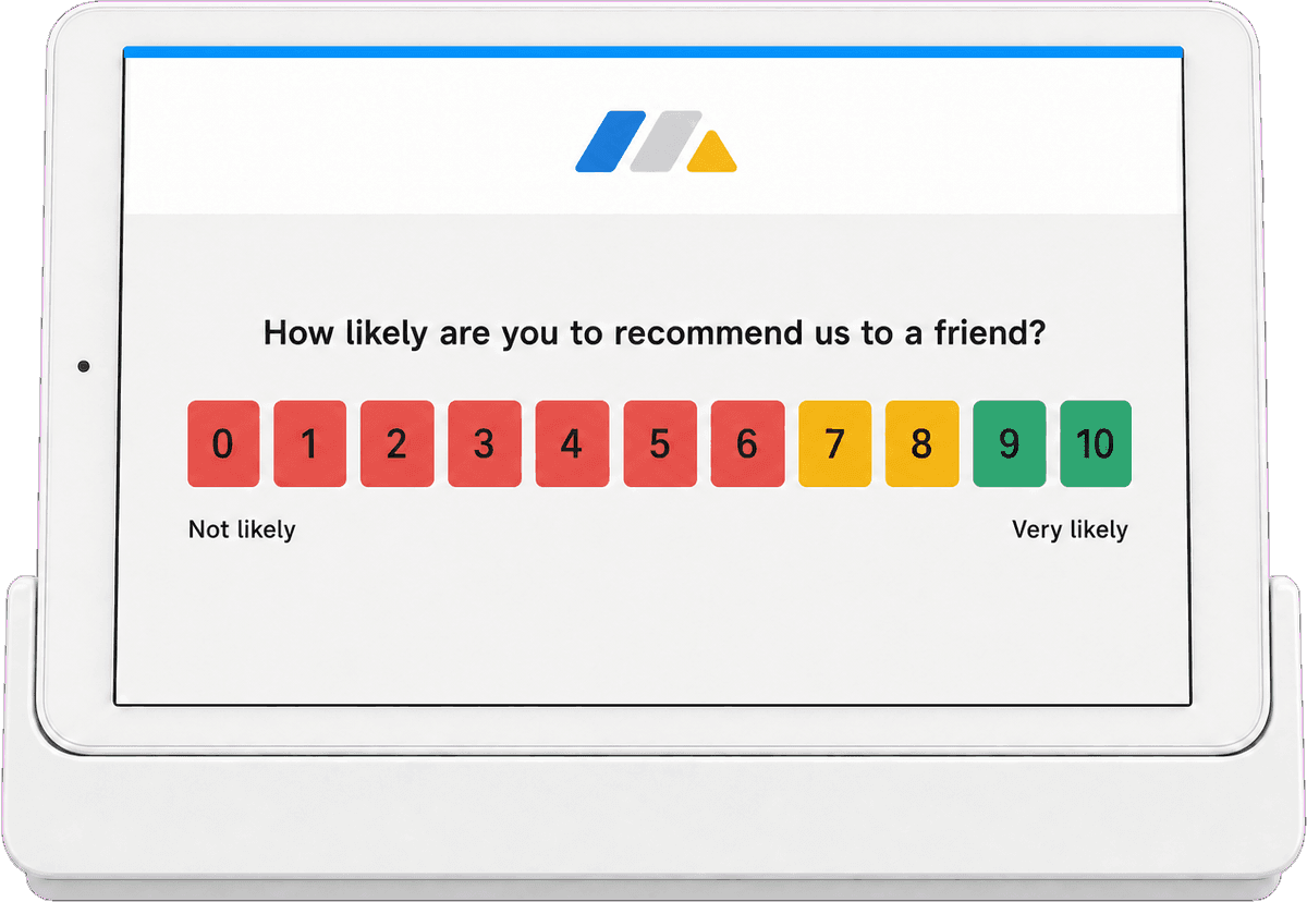 Tablet kiosk on a store counter showing a full-screen NPS survey