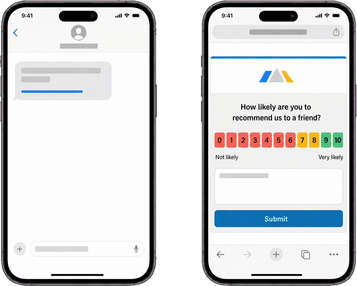 Text message with a survey link and the survey opened on a phone